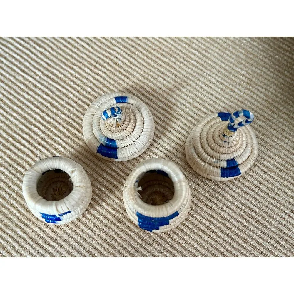 African Woven Baskets Pair Boho Hanging Jewelry Ring Box Tan Blue Rattan